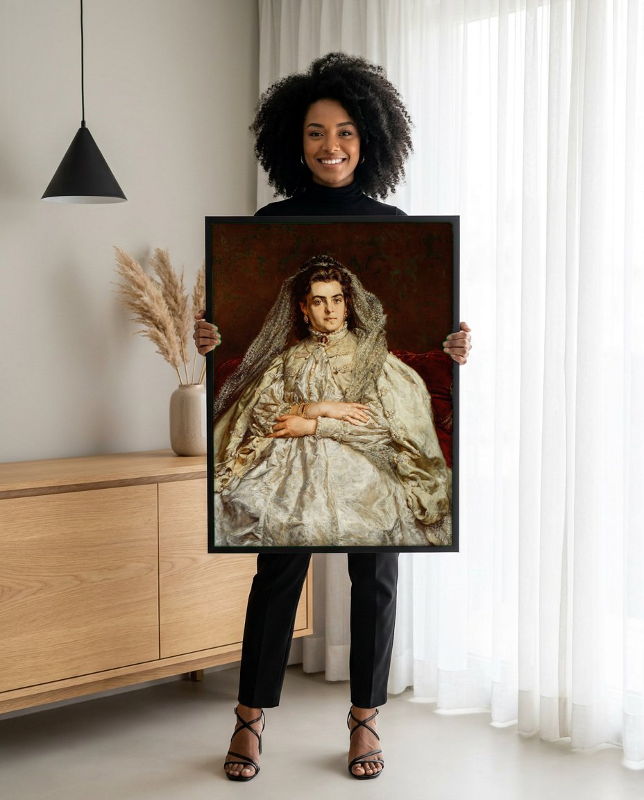 Quadro Decorativo Retrato de Mulher - Jan Matejko | modelo apresentando o quadro emoldurado