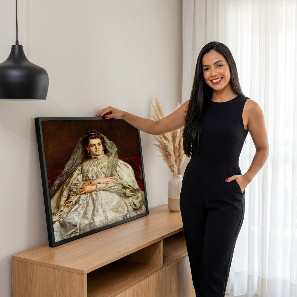 Quadro Decorativo Retrato de Mulher - Jan Matejko | modelo apresentando o quadro emoldurado