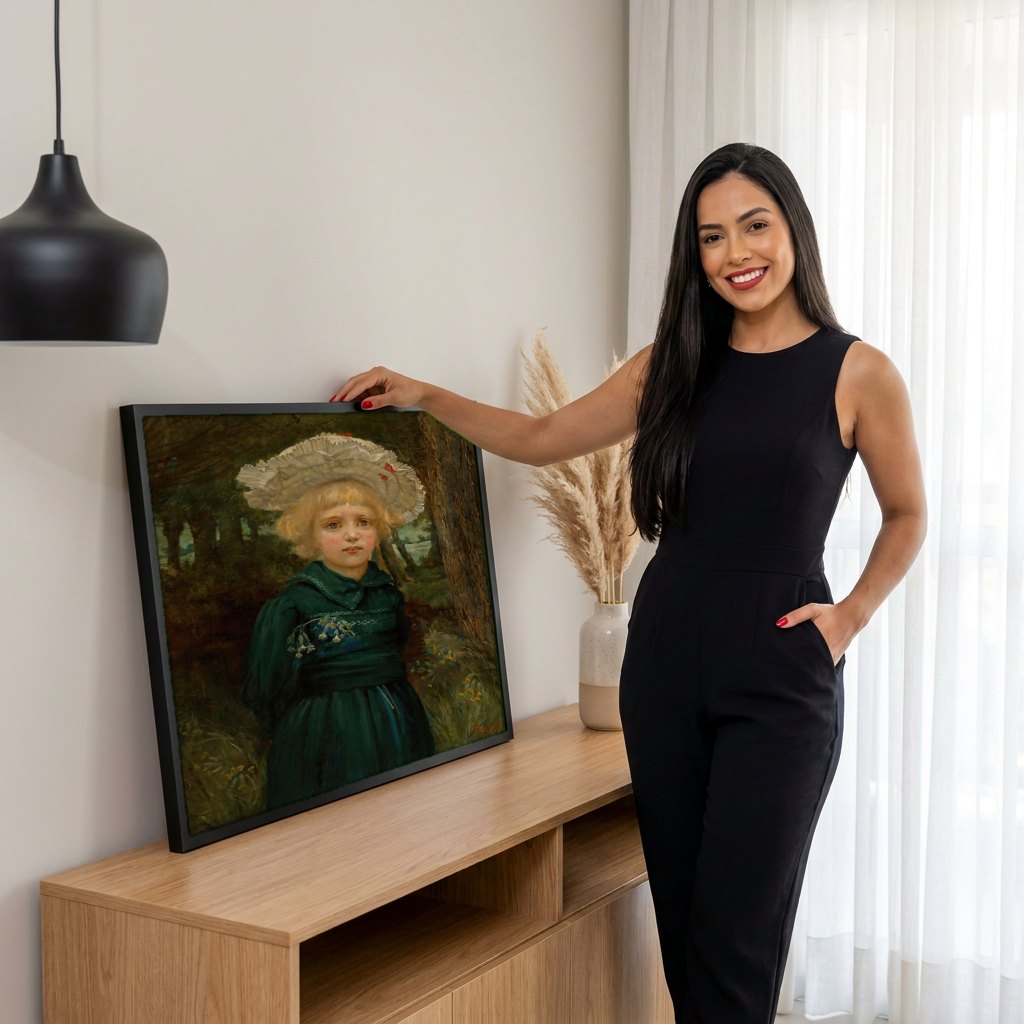 Quadro Decorativo A Menina do Chapéu - Hans Thoma | modelo apresentando o quadro emoldurado
