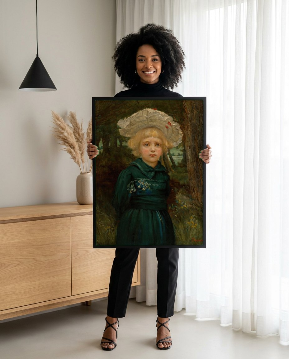 Quadro Decorativo A Menina do Chapéu - Hans Thoma | modelo apresentando o quadro emoldurado