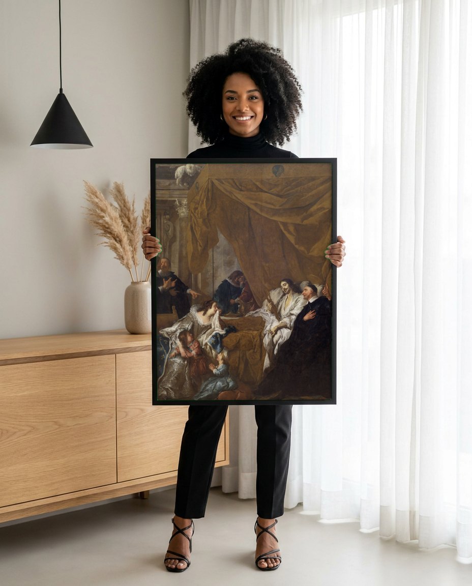 Quadro Decorativo A Morte de Dario - Jean François de Troy | modelo apresentando o quadro emoldurado