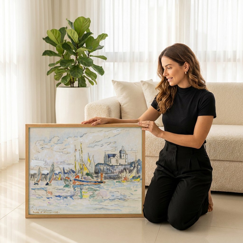 Quadro Decorativo Porto de "Sables d'Olonne" - Paul Signac | modelo apresentando o quadro emoldurado