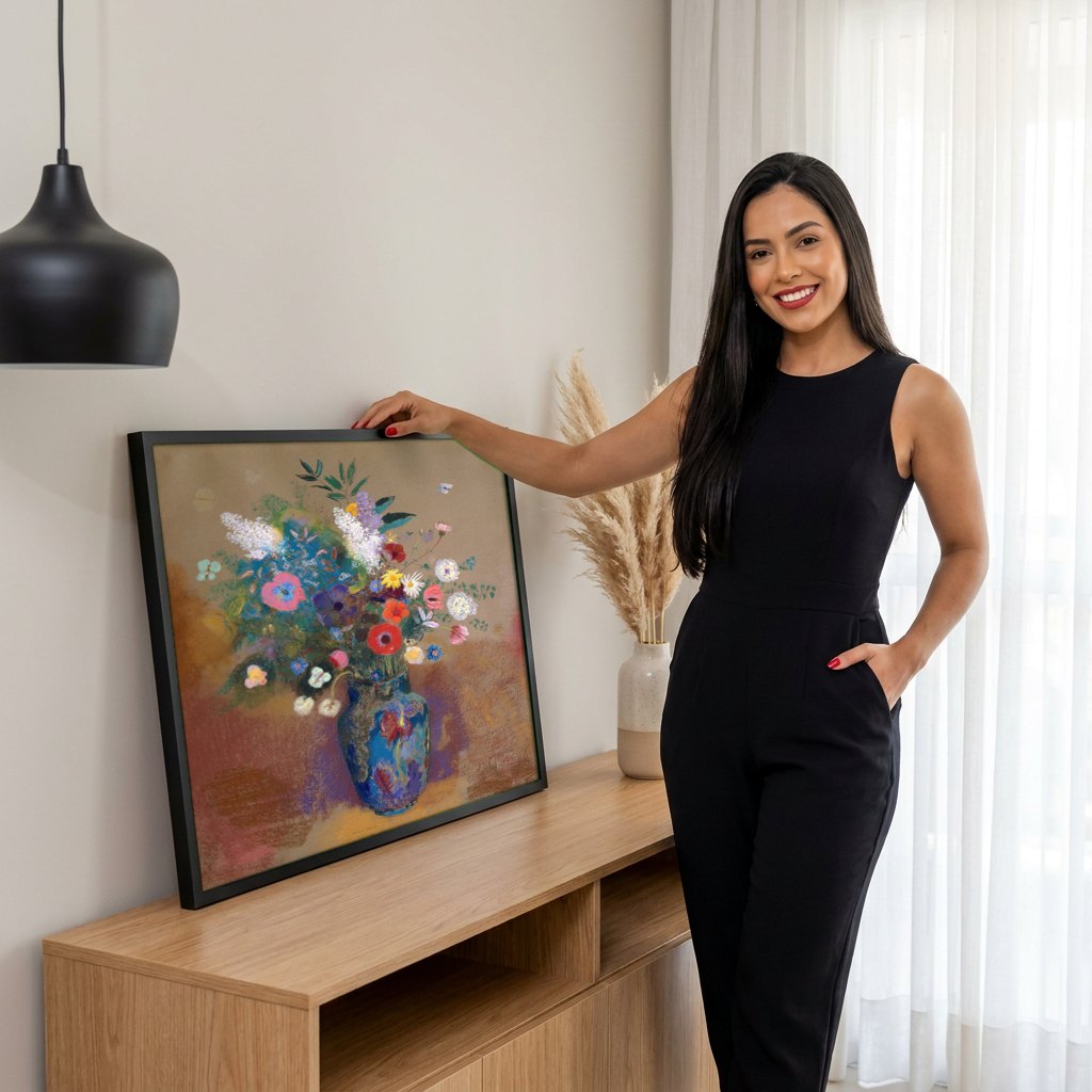 Quadro Decorativo Vaso de Flores - Odilon Redon | modelo apresentando o quadro emoldurado