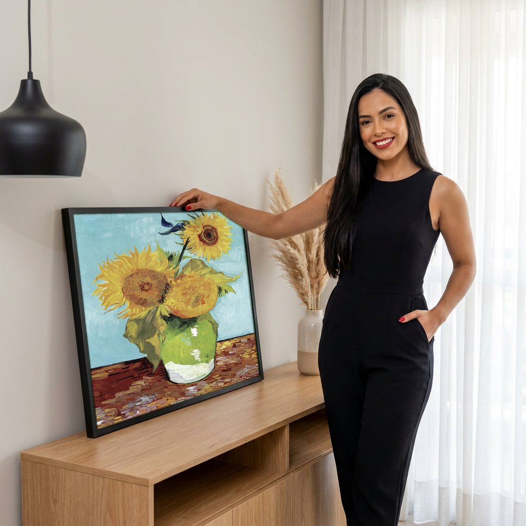 Quadro Decorativo Girassóis em Vaso - Van Gogh | modelo apresentando o quadro emoldurado