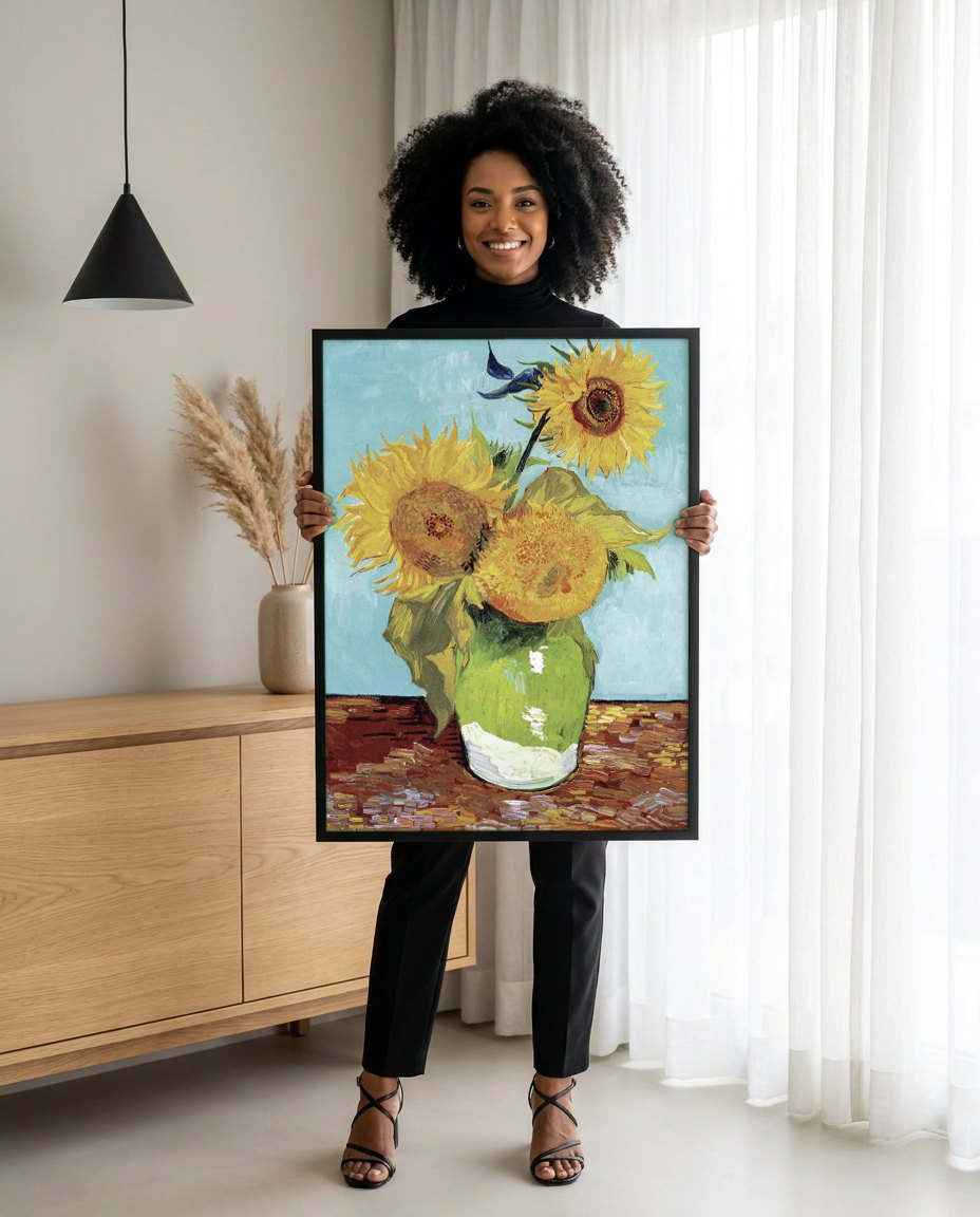 Quadro Decorativo Girassóis em Vaso - Van Gogh | modelo apresentando o quadro emoldurado