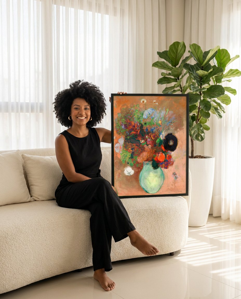 Quadro Decorativo Vaso de Flores - Odilon Redon | modelo apresentando o quadro emoldurado