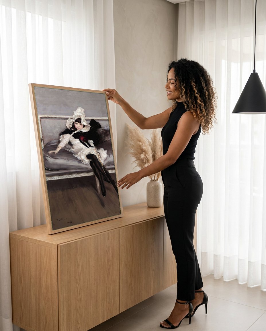 Quadro Decorativo A Dama de Preto - Giovanni Boldini | modelo apresentando o quadro emoldurado