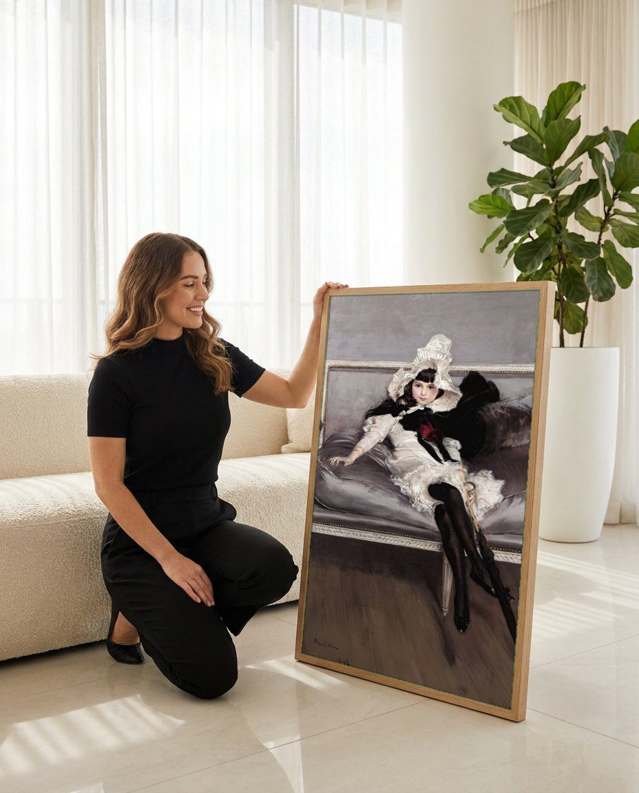 Quadro Decorativo A Dama de Preto - Giovanni Boldini | modelo apresentando o quadro emoldurado