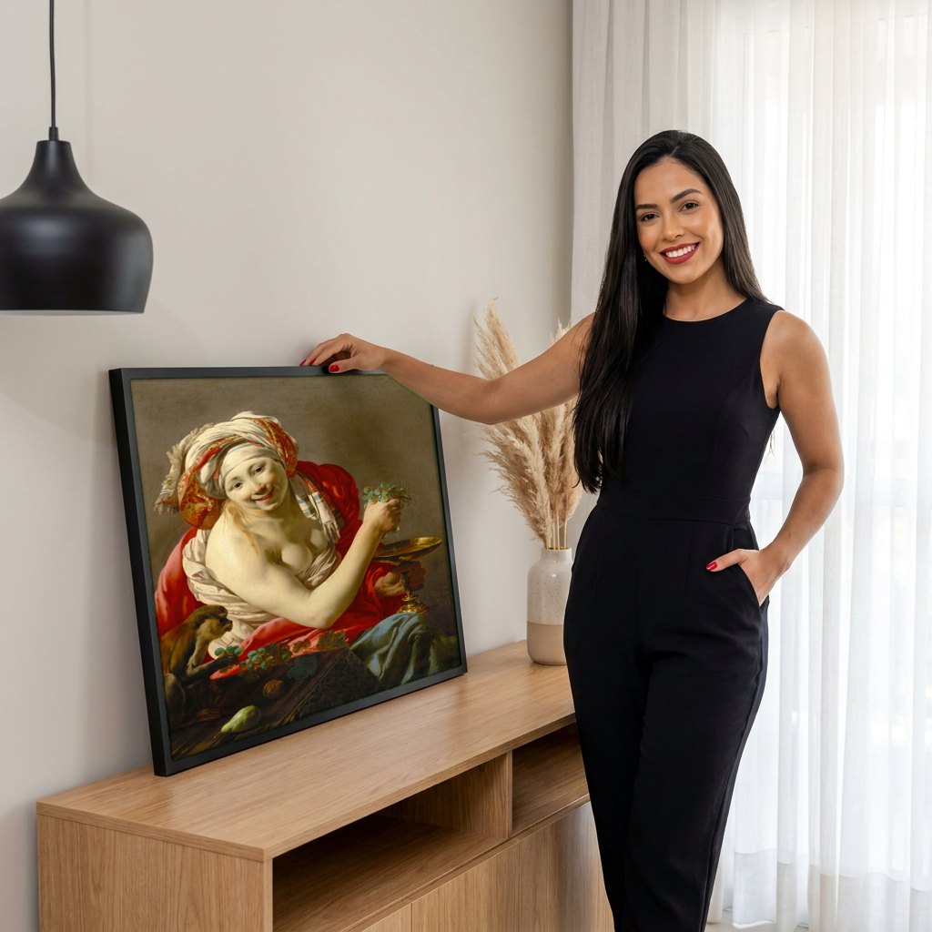 Quadro Decorativo A Jovem e o Macaco - Hendrick ter Brugghen | modelo apresentando o quadro emoldurado