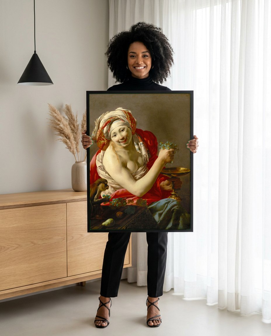 Quadro Decorativo A Jovem e o Macaco - Hendrick ter Brugghen | modelo apresentando o quadro emoldurado