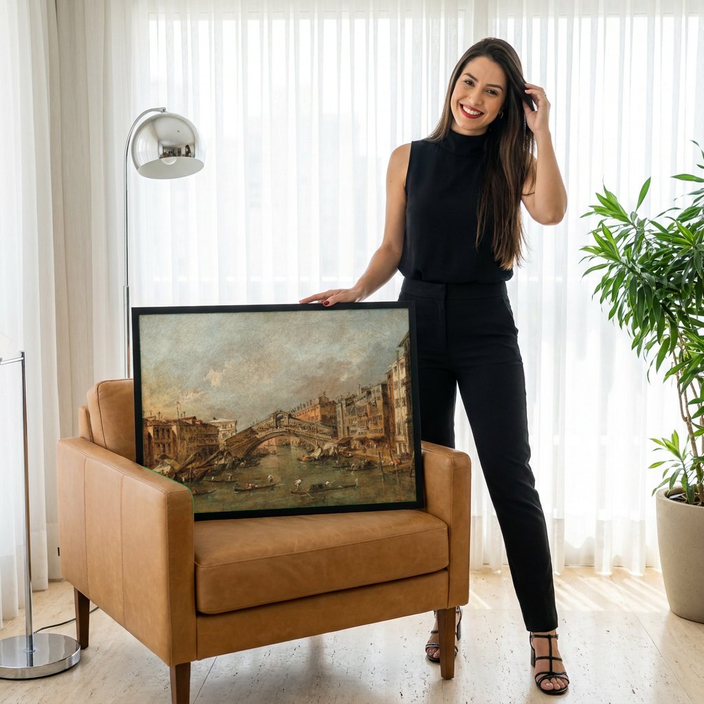 Quadro Decorativo Ponte de Rialto em Veneza - Guardi | modelo apresentando o quadro emoldurado