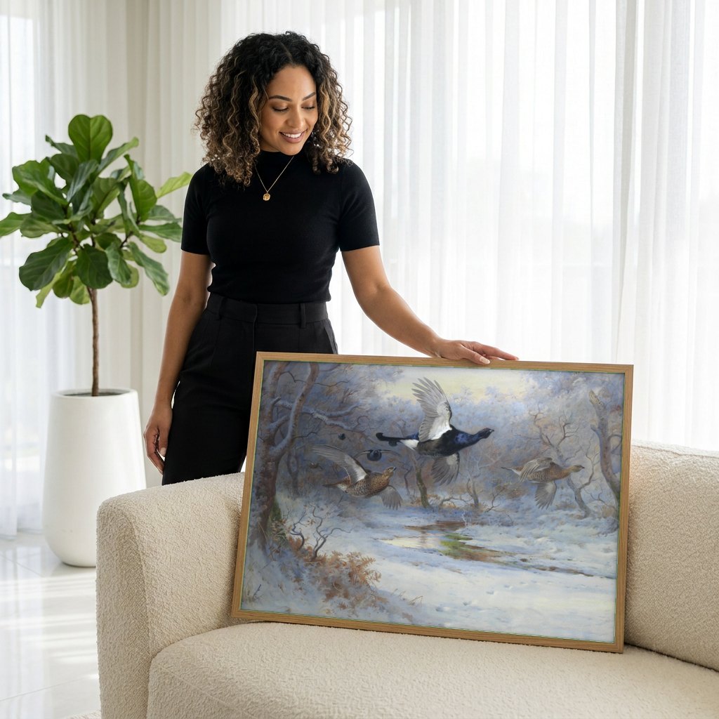 Quadro Decorativo Aves de Caça no Inverno - Thorburn | modelo apresentando o quadro emoldurado
