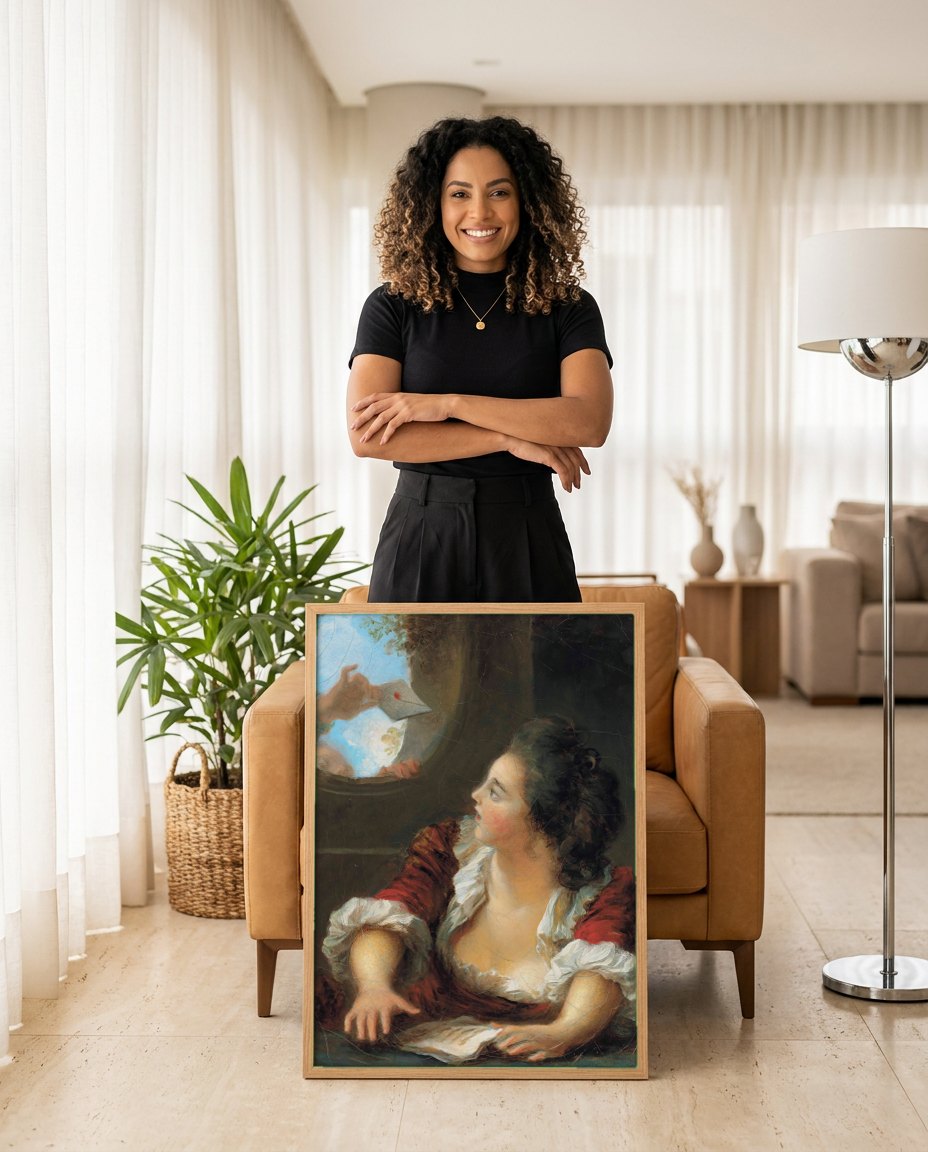 Quadro Decorativo A Carta de Amor - Fragonard | modelo apresentando o quadro emoldurado