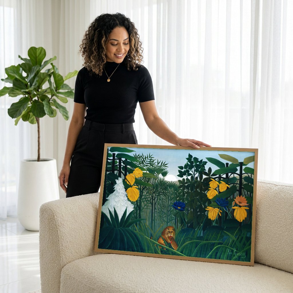 Quadro Decorativo A Selva Equatorial - Henri Rousseau | modelo apresentando o quadro emoldurado