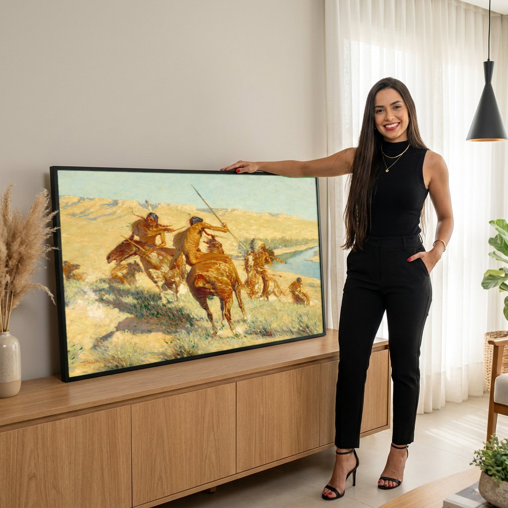 Quadro Decorativo A Carga - Frederic Remington | modelo apresentando o quadro emoldurado