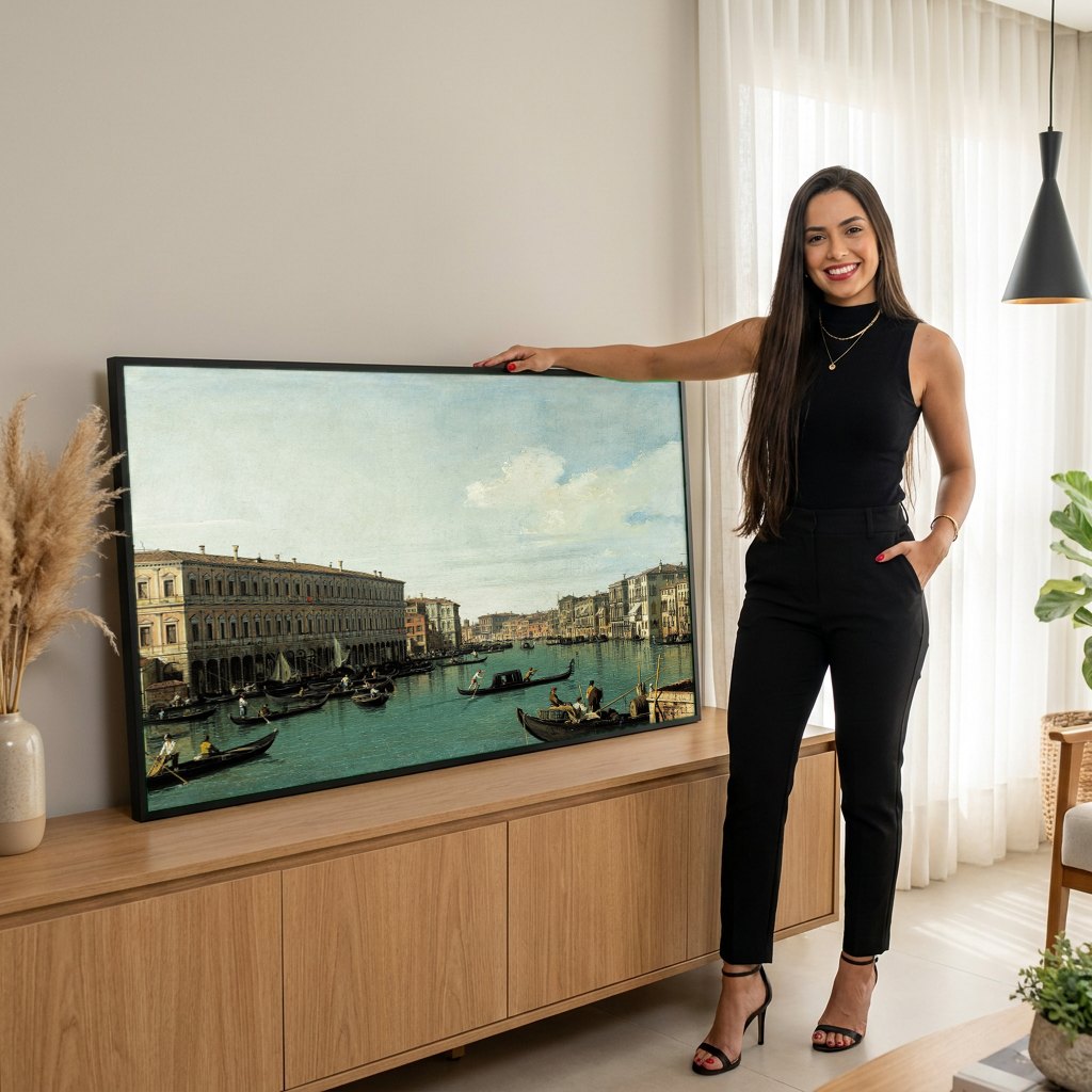 Quadro Decorativo Grand Canal, Veneza - Canaletto | modelo apresentando o quadro emoldurado