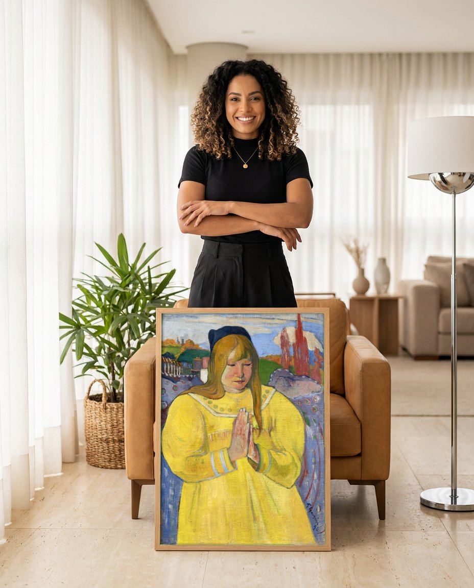 Quadro Decorativo A Pequena Bretona Orando - Gauguin | modelo apresentando o quadro emoldurado