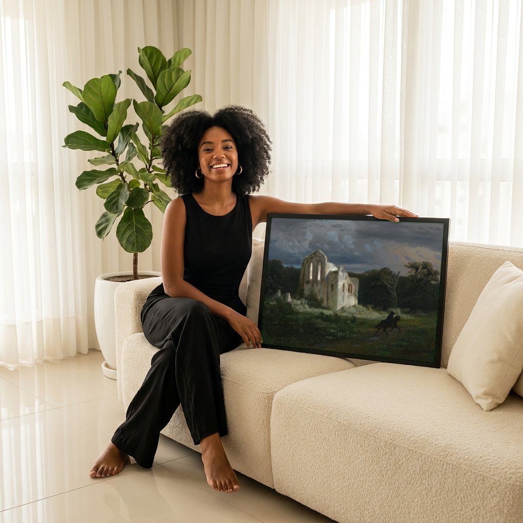 Quadro Decorativo Ruínas e Cavaleiro - Arnold Böcklin | modelo apresentando o quadro emoldurado