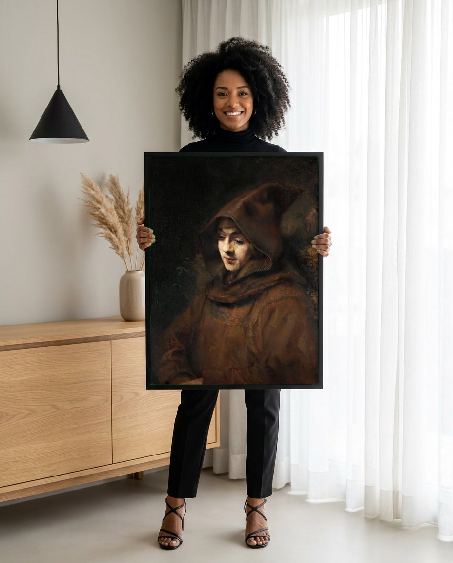 Quadro Decorativo A Jovem Freira - Rembrandt | modelo apresentando o quadro emoldurado