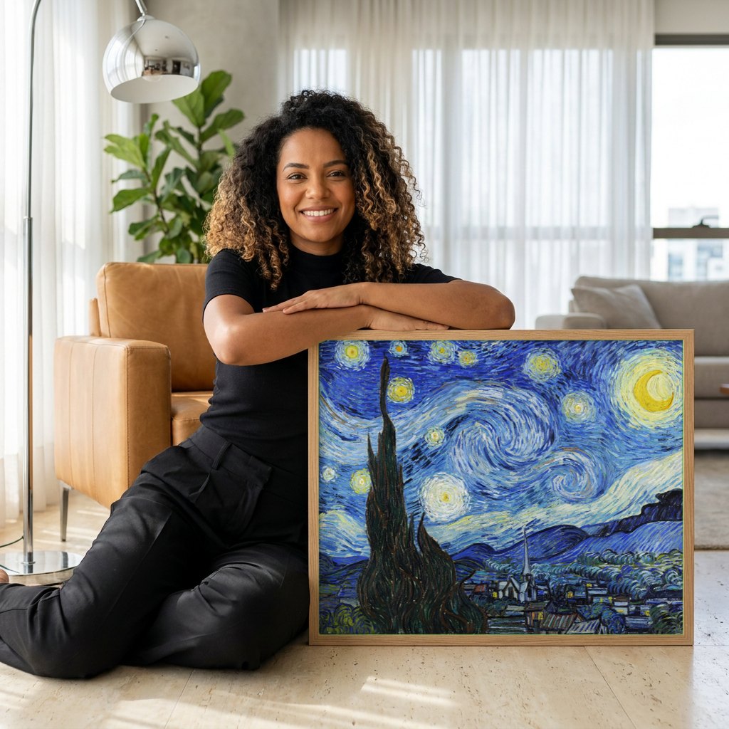 Quadro Decorativo A Noite Estrelada - Van Gogh | modelo apresentando o quadro emoldurado
