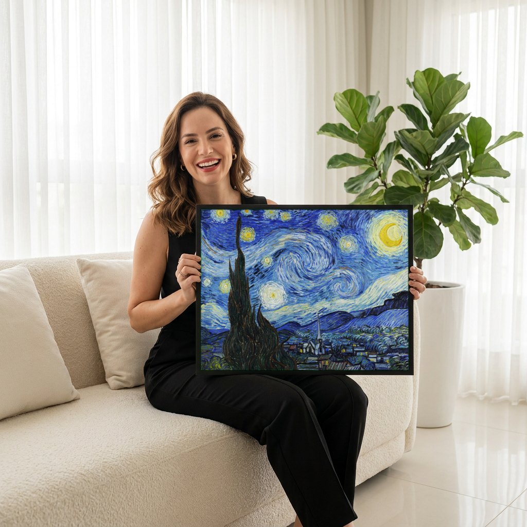 Quadro Decorativo A Noite Estrelada - Van Gogh | modelo apresentando o quadro emoldurado