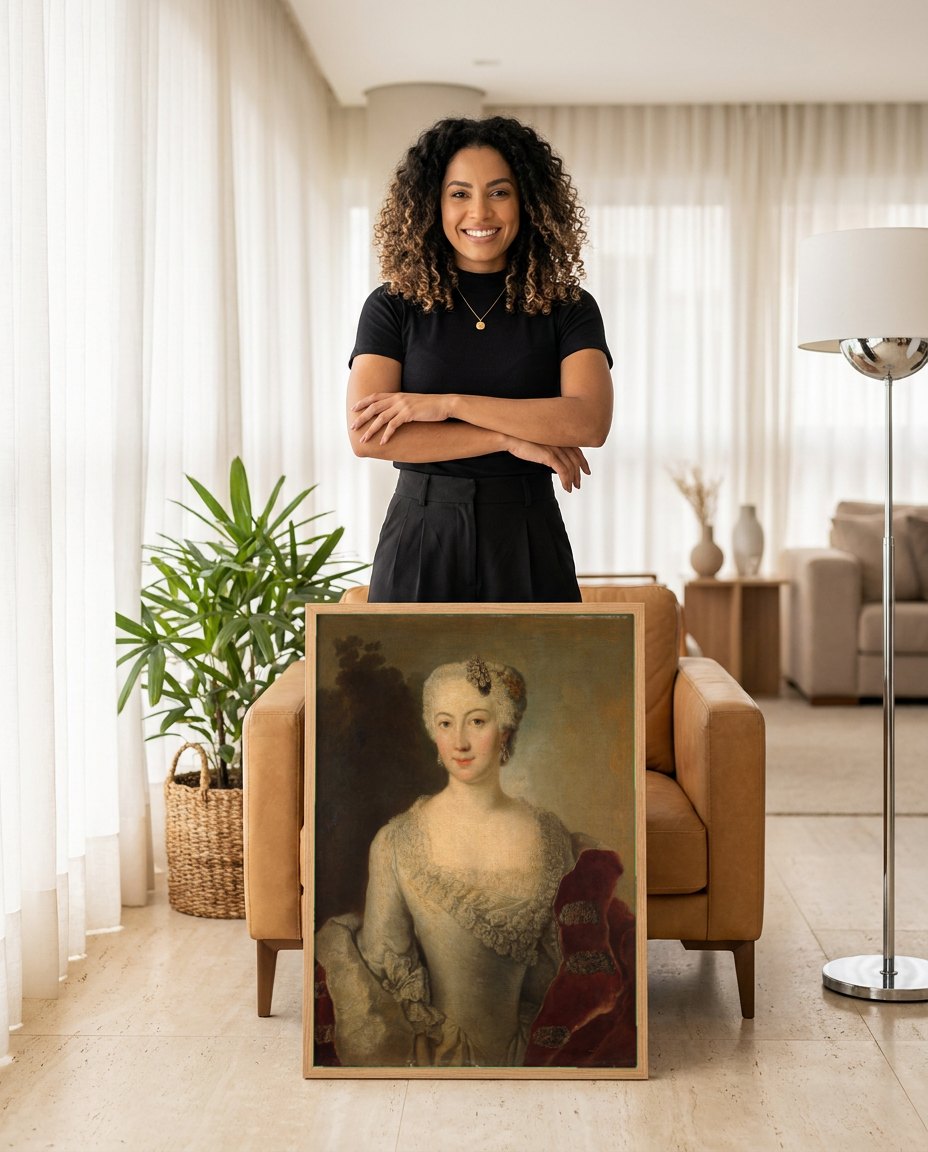 Quadro Decorativo Retrato de Dama - Anton Raphael Mengs | modelo apresentando o quadro emoldurado