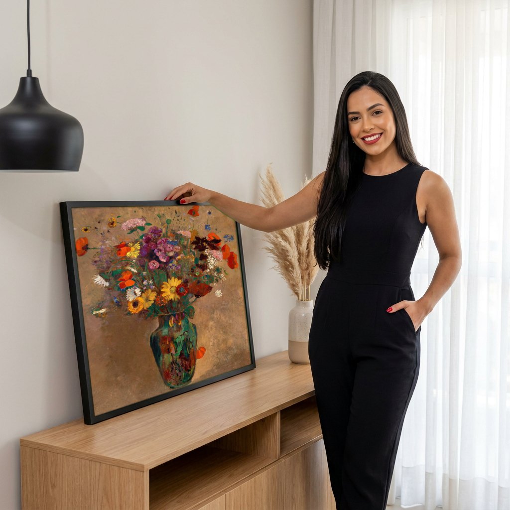 Quadro Decorativo Vaso de Flores - Odilon Redon | modelo apresentando o quadro emoldurado