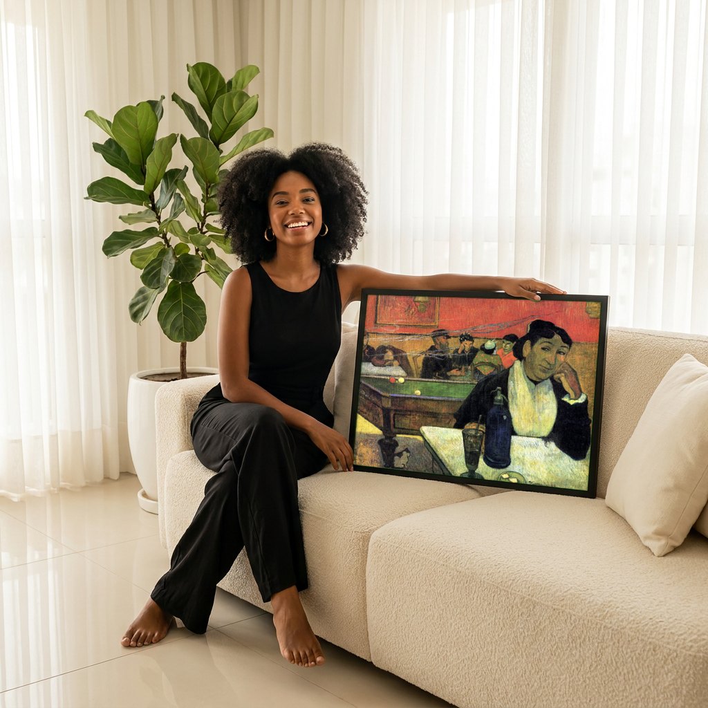 Quadro Decorativo Café à Noite - Gauguin | modelo apresentando o quadro emoldurado