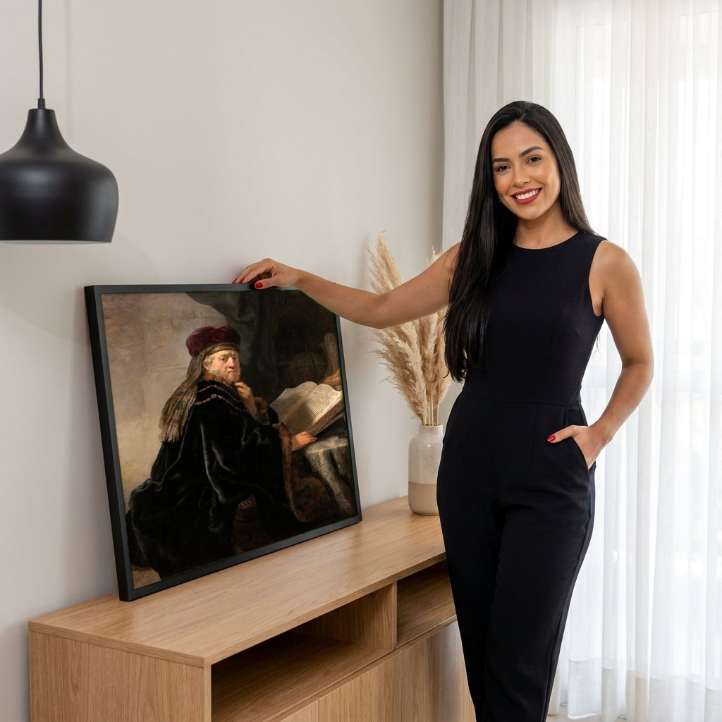 Quadro Decorativo O Estudioso (ou O Rabino) - Rembrandt | modelo apresentando o quadro emoldurado
