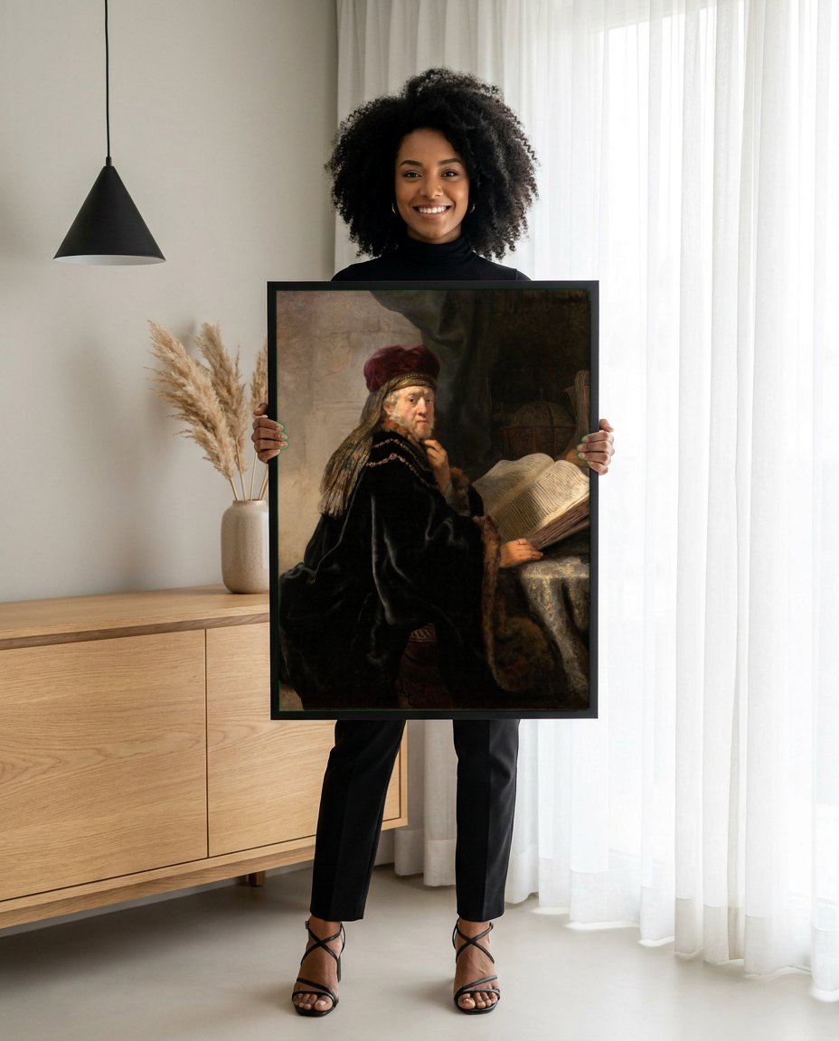 Quadro Decorativo O Estudioso (ou O Rabino) - Rembrandt | modelo apresentando o quadro emoldurado