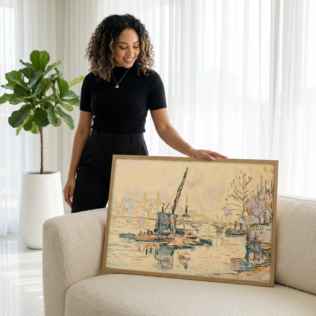 Quadro Decorativo Porto Urbano - Paul Signac | modelo apresentando o quadro emoldurado