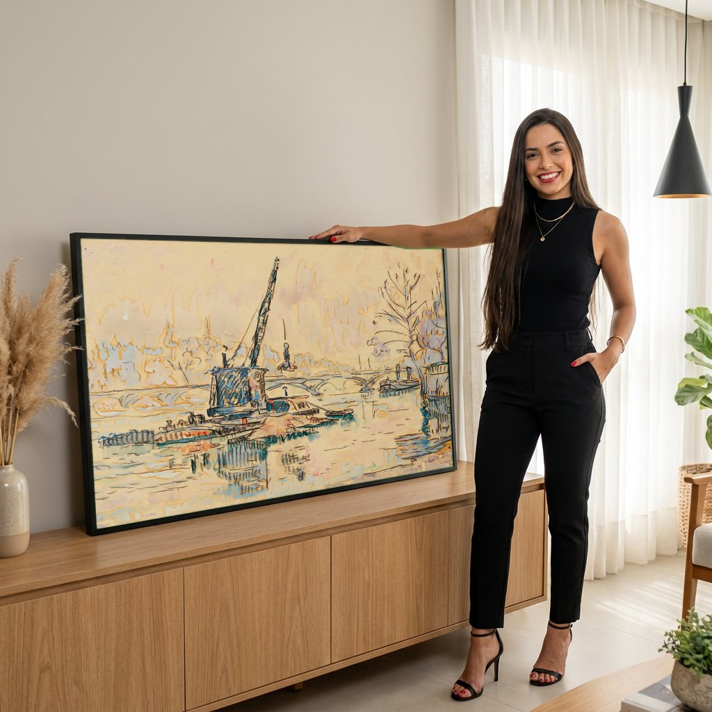 Quadro Decorativo Porto Urbano - Paul Signac | modelo apresentando o quadro emoldurado