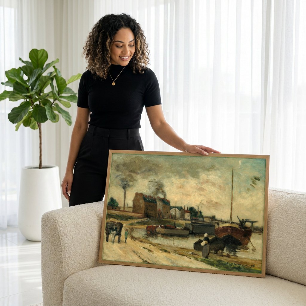 Quadro Decorativo Porto Urbano - Gauguin | modelo apresentando o quadro emoldurado