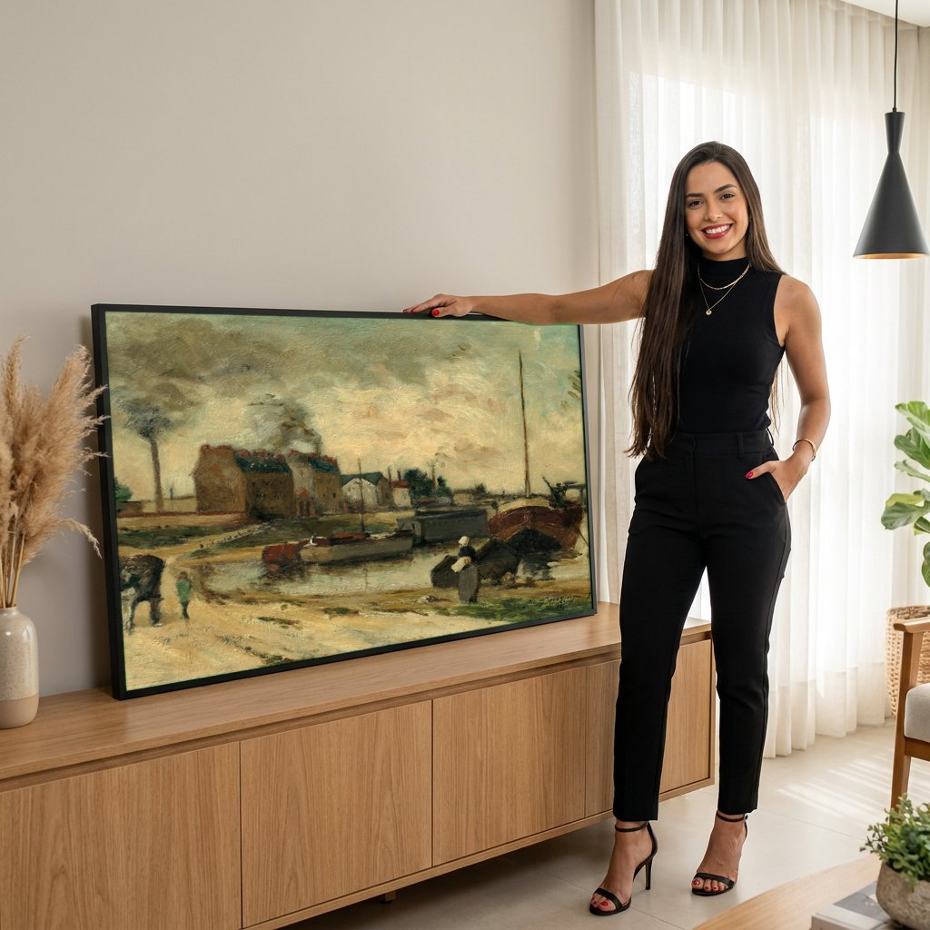 Quadro Decorativo Porto Urbano - Gauguin | modelo apresentando o quadro emoldurado