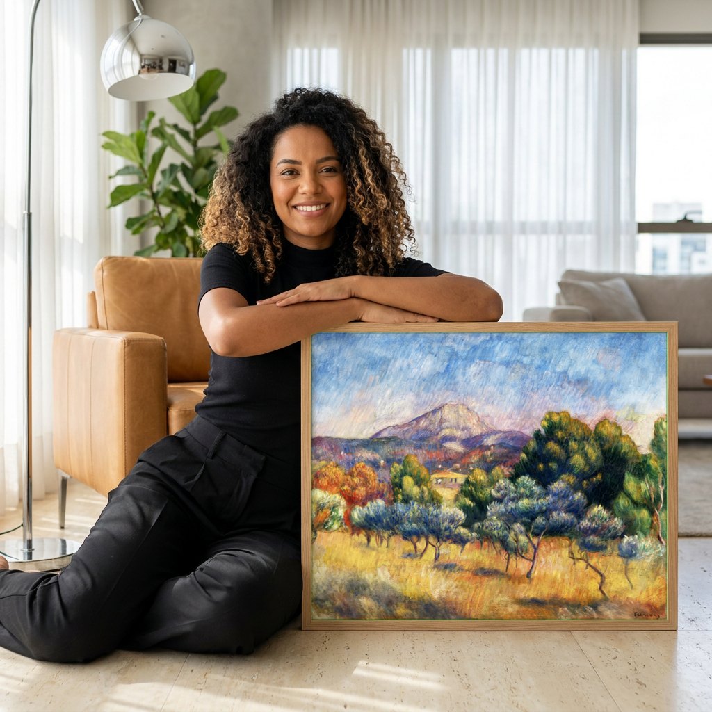 Quadro Decorativo Campo de Oliveiras - Renoir | modelo apresentando o quadro emoldurado
