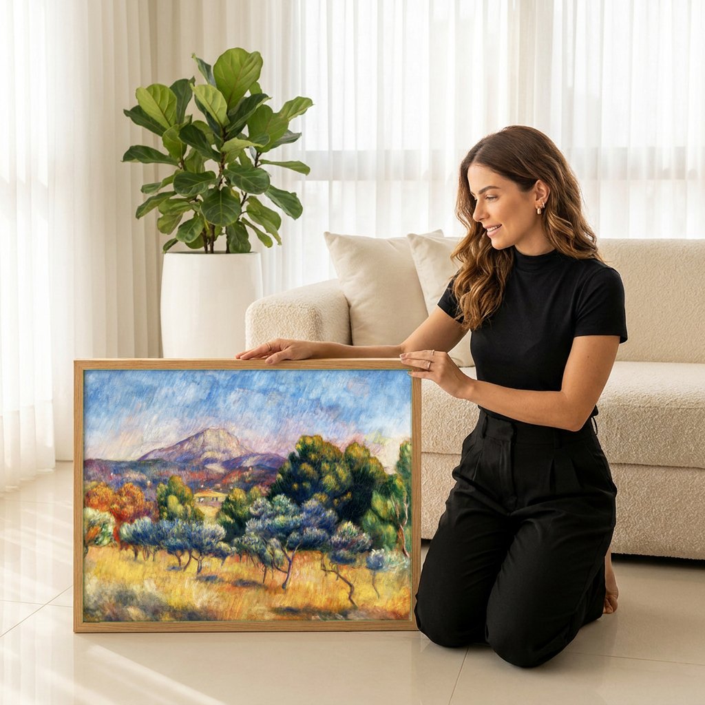 Quadro Decorativo Campo de Oliveiras - Renoir | modelo apresentando o quadro emoldurado