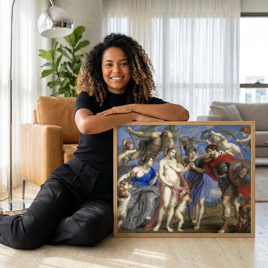 Quadro Decorativo A Paz e a Guerra - Rubens | modelo apresentando o quadro emoldurado
