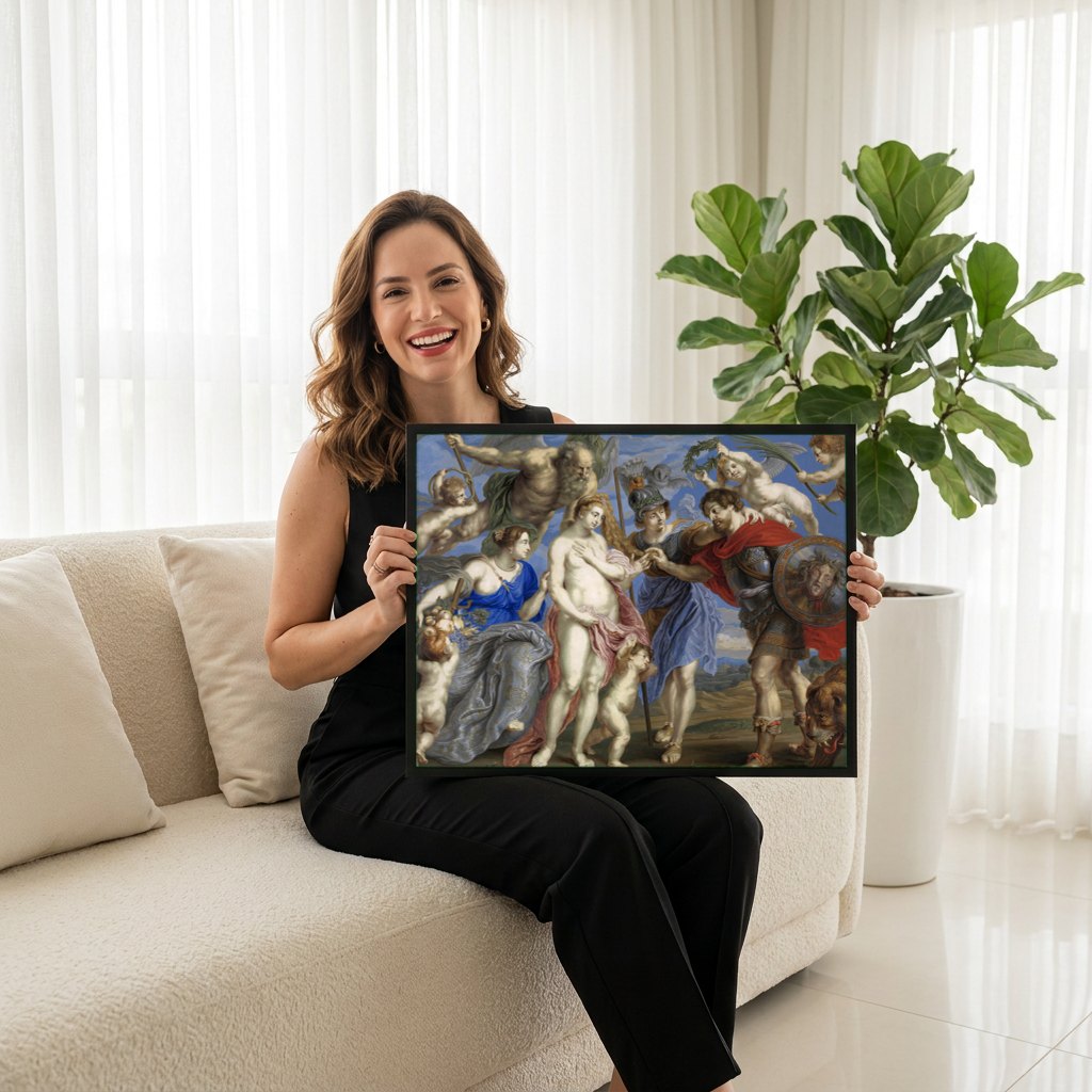 Quadro Decorativo A Paz e a Guerra - Rubens | modelo apresentando o quadro emoldurado