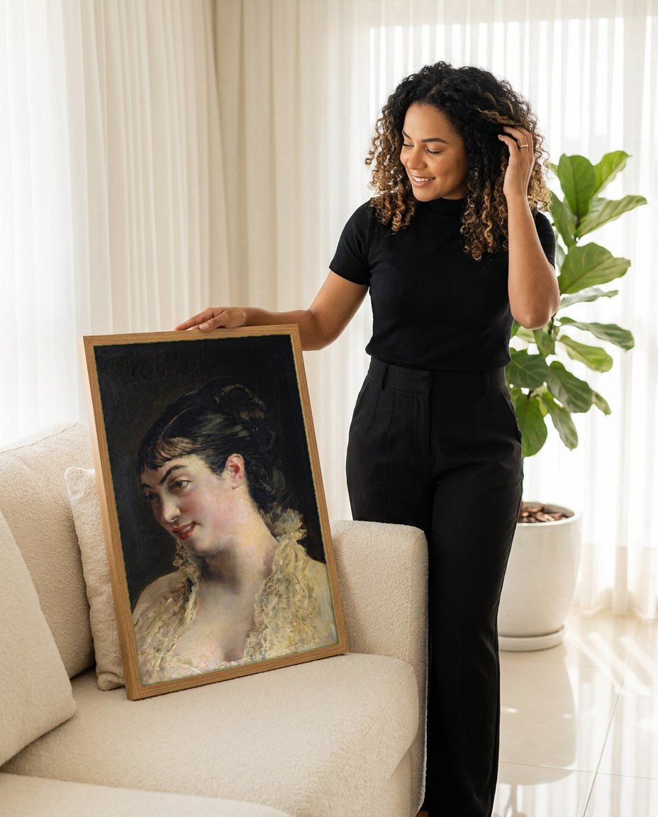 Quadro Decorativo A Dama de Preto - Giovanni Boldini | modelo apresentando o quadro emoldurado