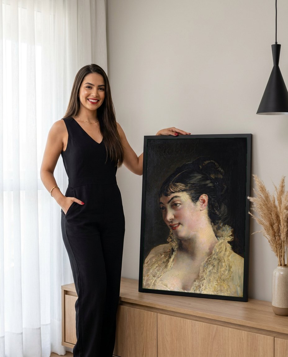 Quadro Decorativo A Dama de Preto - Giovanni Boldini | modelo apresentando o quadro emoldurado
