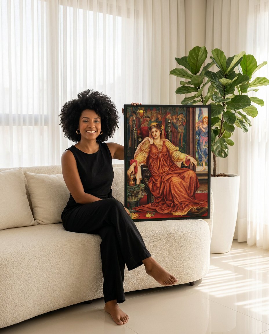 Quadro Decorativo 'The Hour Glass' - Evelyn De Morgan | modelo apresentando o quadro emoldurado