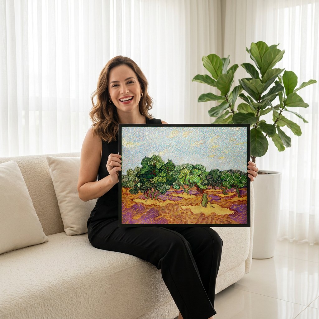 Quadro Decorativo Campo de Oliveiras - Van Gogh | modelo apresentando o quadro emoldurado
