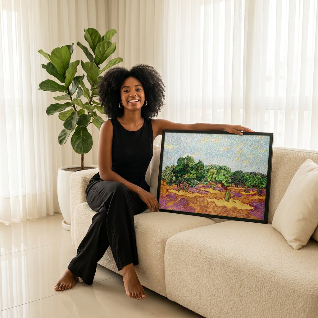 Quadro Decorativo Campo de Oliveiras - Van Gogh | modelo apresentando o quadro emoldurado