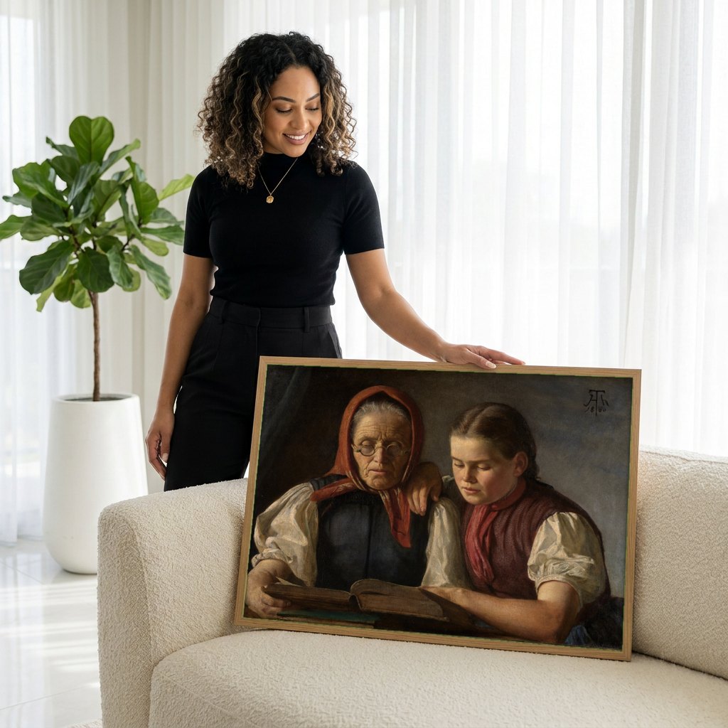 Quadro Decorativo A Lição de Leitura - Hans Thoma | modelo apresentando o quadro emoldurado