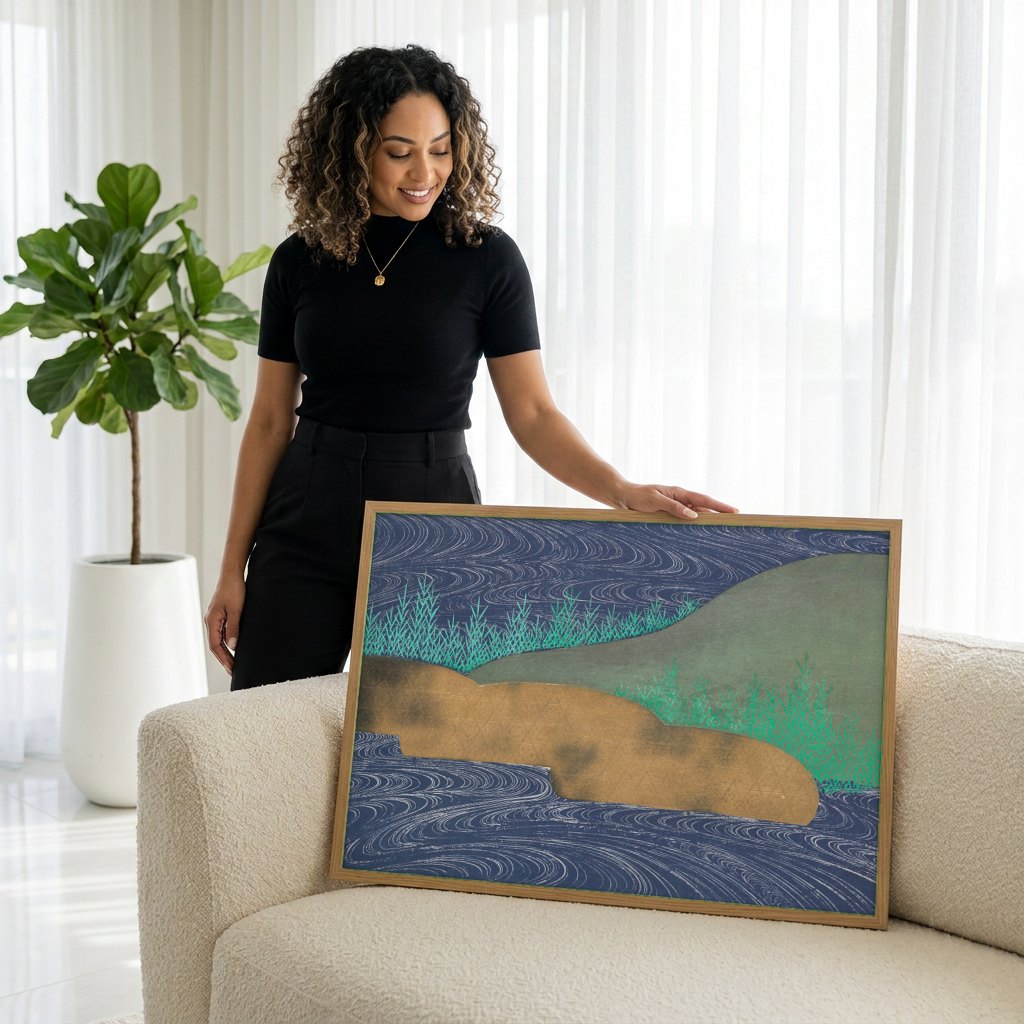 Quadro Decorativo 'Paisagem de Rio com Ondas' - Kamisaka Sekka | modelo apresentando o quadro emoldurado