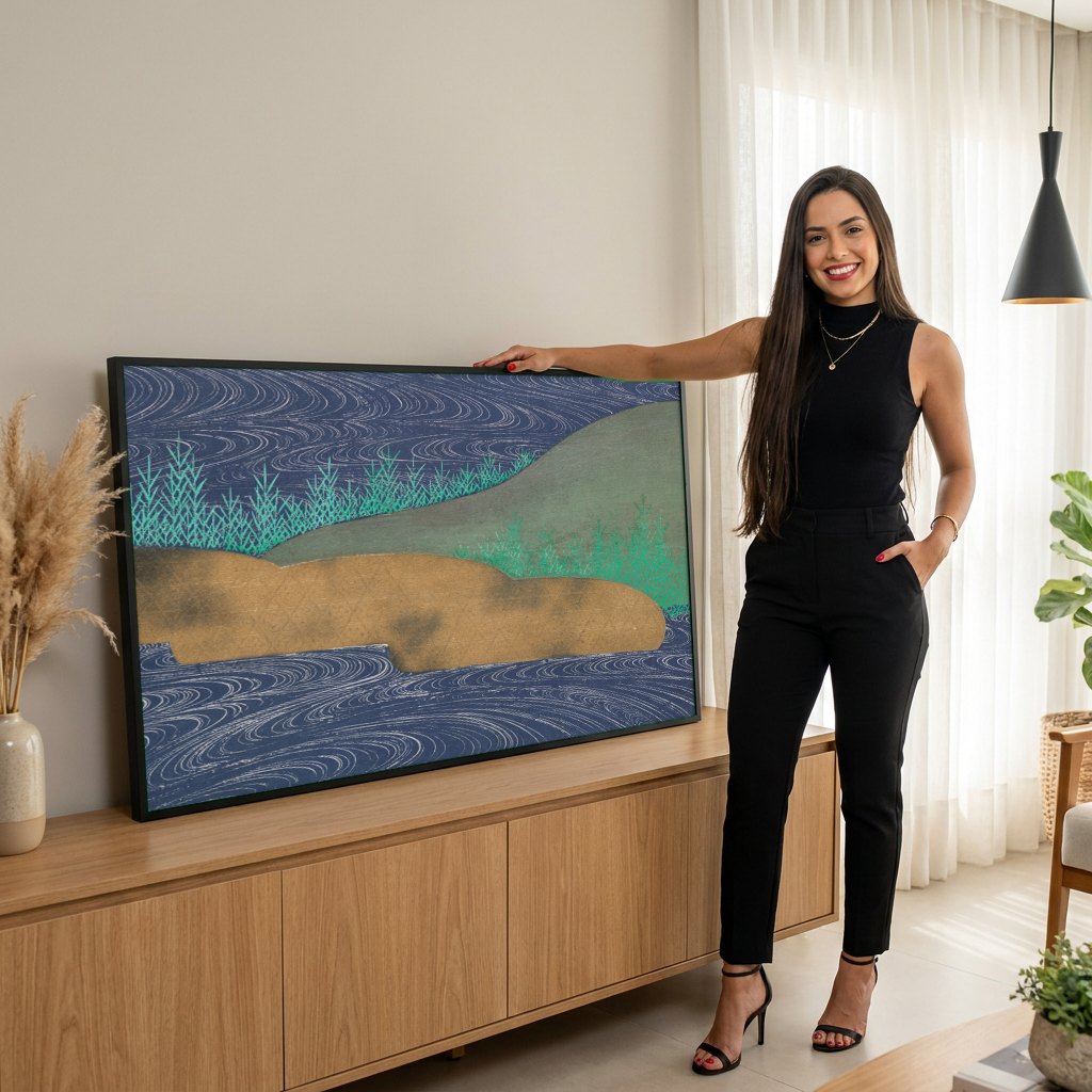Quadro Decorativo 'Paisagem de Rio com Ondas' - Kamisaka Sekka | modelo apresentando o quadro emoldurado