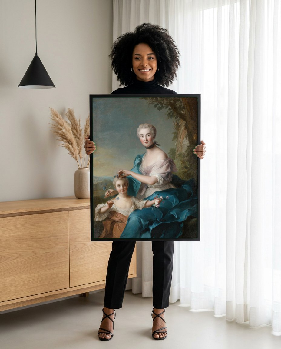 Quadro Decorativo Senhora e Criança - Jean Marc Nattier | modelo apresentando o quadro emoldurado