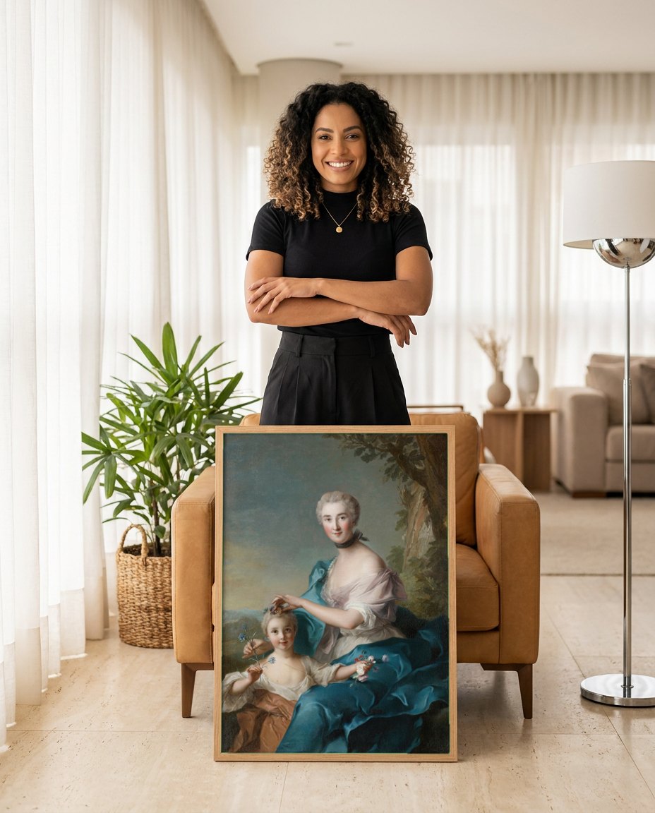 Quadro Decorativo Senhora e Criança - Jean Marc Nattier | modelo apresentando o quadro emoldurado