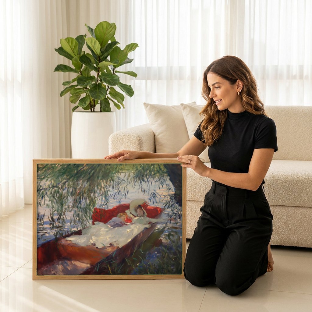 Quadro Decorativo Na Barco (Two Girls in a Punt) - Sargent | modelo apresentando o quadro emoldurado