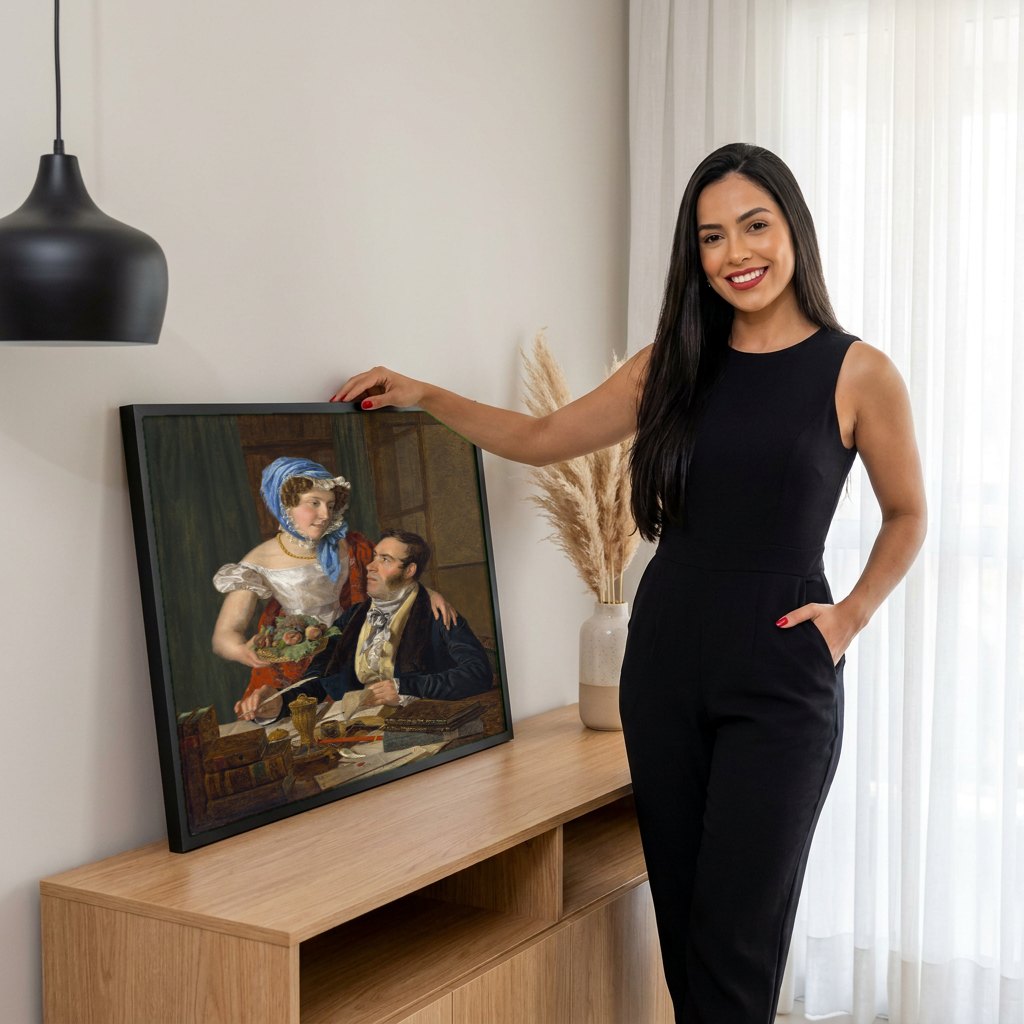 Quadro Decorativo A Oferta Gentil - Ferdinand Georg Waldmüller | modelo apresentando o quadro emoldurado